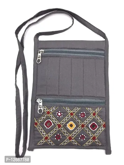 srishopify handicrafts Designer sling mobile bag for girls stylish trendy embroidery Grey (Medium 11x7.5 in Mirror Work Thread)