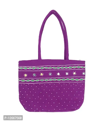 srishopify handicrafts Women's Cotton Tote Bag Handcrafted Embroidered Handbag Stylish Shoulder bag for Bridal, Casual, Party, Wedding Best Gift Option 9 Inch Purple-thumb0