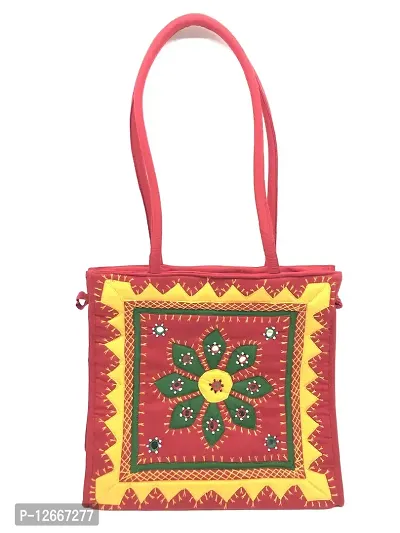 SriShopify Banjara Handicrafts Cotton Embroidery Multicolour Rajasthani Jaipuri Hand Bag for Women  Girls handmade embroidery designs red  Green Size 25x25x9 cm-thumb0