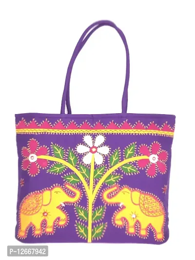 SriShopify Handicrafts Women Purple handbags Big size for office Stylish Ladies Shoulder bag Large Tote bag with Zip (18x13x4 Cotton Applique Work)-thumb0