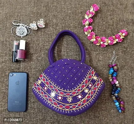 srishopify handicrafts Mini Size Women?s Handbag Banjara Traditional Hobo Bag Purse Cotton handmade purple colour bags (Small size 6.5x9.5x3.5 inch Mirror work Beads thread Work Handcraft Pouch)-thumb3