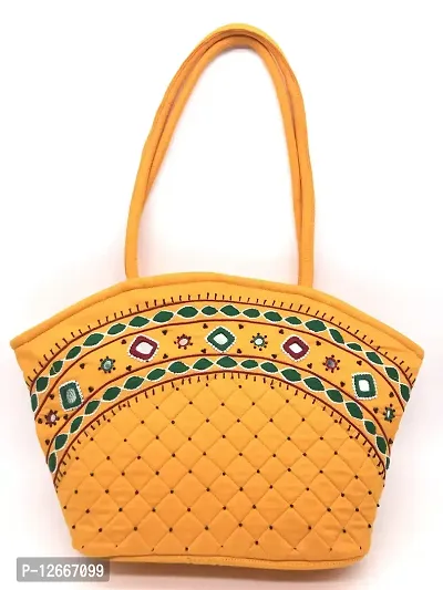 SriShopify Handicrafts Soft Cotton Tote Bag for Women and Girls - Shoulder Handbag with Top Zip Closure, Inner Pocket (Mirror and Beads thread Work) Yellow