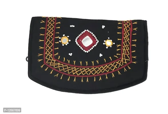 SriShopify Handmade Traditional Mirror Work Purse for Ladies Floral Embroidery Wallet for Women Wedding Gift Items (7.5 Inch, Black Clutch)