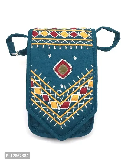 srishopify handicrafts Girls Stylish Beads Thread Work Handcrafted Embroidery Sling Bags ( Turquoise , 7x4x1 Inch)