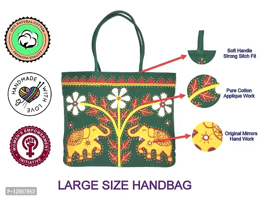 SriShopify Handmade Large Tote Bag for Women with Zip Stylish Cotton Handbags for Girls Gift Items Elephant Embroidery Green Shoulder bag-thumb5