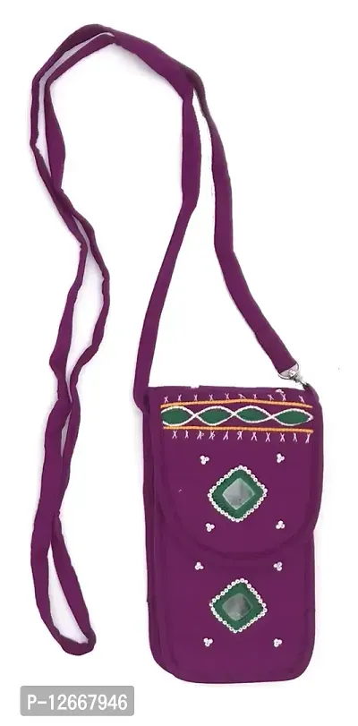 SriShopify Handicrafted Crossbody Sling Bag Stylish For Women Pure Cotton Purse With Slip Pocket | Zip Clousure Fabric Strap| Thread Work| Purple