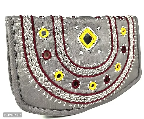 SriShopify Handicrafts Mobile wallet for women Banjara Hand Purse Girls Cotton ladies hand clutches purses phone case (Medium grey Wallet 8.5 Inch Original Mirror Beads and Thread Work)