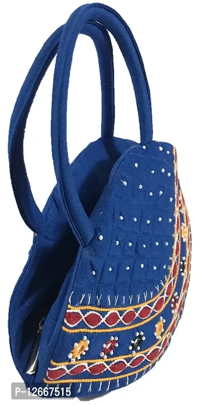 srishopify handicrafts Women Handbag Small Size Designer Handmade Mini Bucket Bags Purse Cotton Blue Ccolour Bag (9.5x6.5x3.5 Inch original Beads Thread Work Handcraft)-thumb5