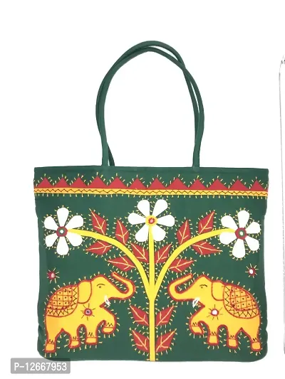 SriShopify Handmade Large Tote Bag for Women with Zip Stylish Cotton Handbags for Girls Gift Items Elephant Embroidery Green Shoulder bag-thumb0