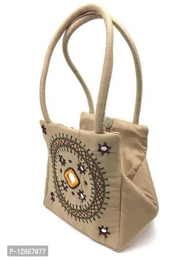 srishopify handicrafts Women Handbag MINI Handle Bag Banjara Traditional Hand Purse Cotton handmadebeige handbags (Small 9x7 Inch original Mirrors Beads and Thread Work Handcraft Pouch)