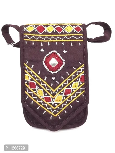 srishopify handicrafts Girl's Cotton Handmade, Eco Friendly, Handcrafted Original Mirrors Beads Thread Work Cell Phone Purse/Wallet/Crossbody Bag (Brown, 7x4x1 Inches, Small)