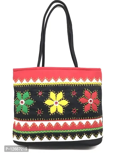 SriShopify Handcrafted Tote Bag for Women Reusable Shoulder Bag with Full Top Zipper, Inner Black hand bag (30x40x10 cm original Mirror Work applique work Stylish)