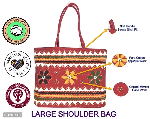 SriShopify Large Shoulder bags for Women travel Handcrafted Tote bags Eco Friendly Shopping bags for Ladies with Zip (18 Inch Embroidered handbag, Red)-thumb4