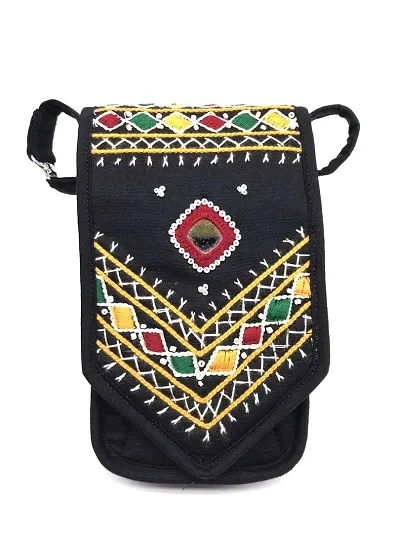 SriShopify Handcrated Eco Friendly Crossbody Sling Bags Small Mobile Wallet Stylish Party Design Embroidered Original Mirror Work | Size 7x4x1 Inch Multicolor|