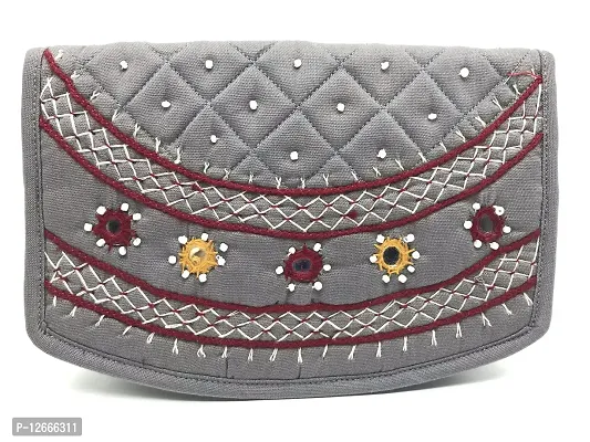 SriShopify Handicrafts Mini Hand Clutches for Women Hand Purse Banjara Traditional Purse for Girls Clutch Wallet Money (6.5 Inch Mini Purse Grey Mirror, Beads and Thread Work Handcraft)-thumb0