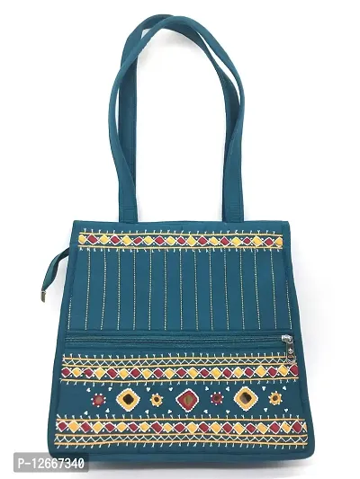SriShopify Handcrafted Handmade Tote bags Cotton Traditional Ethnic Rajasthani Jaipuri hand embroidery Handbag for Girls Women Rama Green (Large size Tote 12x13x5 inch Mirrors and beads thread)