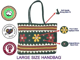 SriShopify Handicrafts Travel Tote bag for Women Big size Ethnic Green Hand bags for Travelling for Girls Handmade shoulder bag Cotton (18x13x4 Mirror Embroidery Work)-thumb3