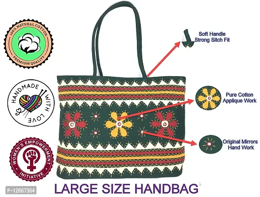 SriShopify Handicrafts Travel Tote bag for Women Big size Ethnic Green Hand bags for Travelling for Girls Handmade shoulder bag Cotton (18x13x4 Mirror Embroidery Work)-thumb4