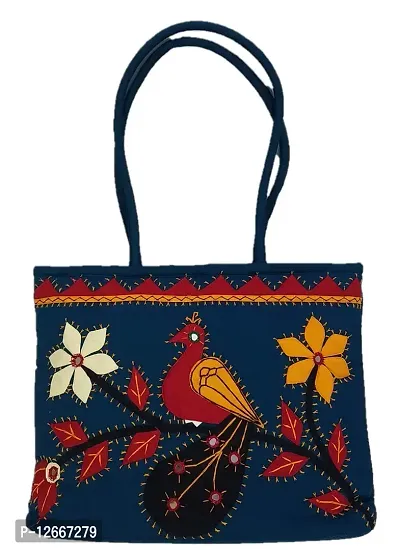 SriShopify Womenrsquo;s Handbag Banjara Traditional Basket Aplic Bag Tote Bag Cotton handmade (Large, Mirror Beads and Thread Work Handcraft, Rama Green and Red)