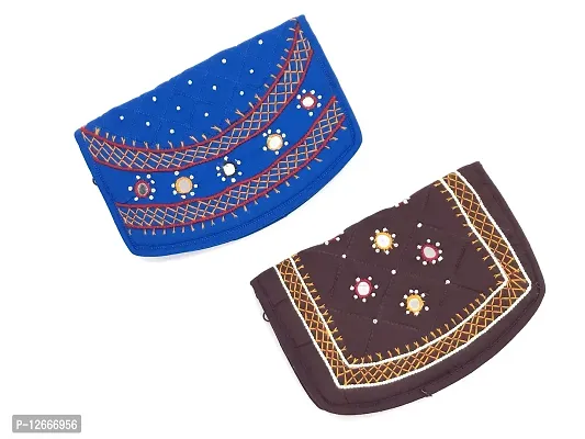 SriShopify Handicrafts Womens Hand Purse Combo Pack Banjara Traditional Hand Poches Cotton Clutch Purse for Girls Wallet (6.5 Inch Blue Brown Purse Mirror, Beads Thread Work Handcraft)