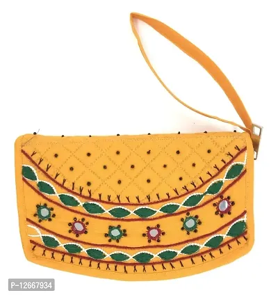 SriShopify Embroidered Mobile Purse for Women Handmade Stylish Wristlets for Girls Female Party Clutches Wedding Gift Items (7.5 x 5 Inches) Yellow Wallet-thumb0