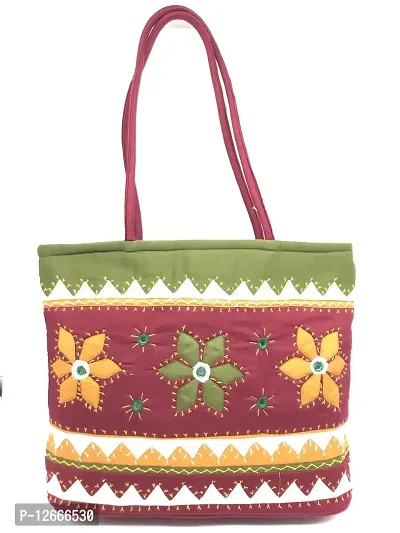 SriShopify Hand crafted Designer Handbag for Women/Shoulder Bag for Women Cotton handmade Tote bag with ZiP Marron Green (30x40x10 cm original Mirror Work applique work Stylish)-thumb0