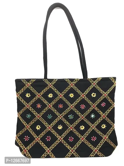 SriShopify Handcrafted Women's Hand Made Traditional Tote Shoulder Bag for Party Wedding Rakhi Gift (30x40x10 cm original Mirror Work applique work Stylish)-thumb0