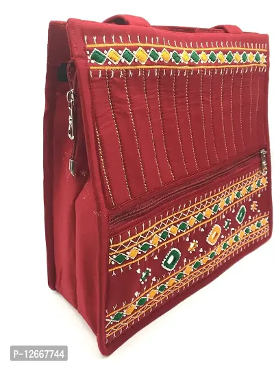 SriShopify Handicrafts Traditinoal Bridal handbags Hand Embroidery Tote Bag Handmade shoulder bag for women hand bags stylish Red Handbag (Size 12x13x5 inch Original Mirros and Beads)-thumb4