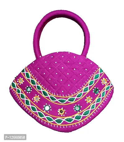 srishopify handicrafts Women Handbag MINI Handle Bag Banjara Traditional Hand Purse Cotton Gifts | Small 6.5x9.5 Inch Original Mirrors Beads Thread Work Hand Held Bag | Magenta Pink Black