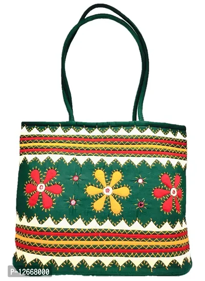 SriShopify Banjara embroidered Handicrafted handbags Aplic Mirror work Hand bag for Women Travel hand bag | Zipper Tote Bag | ladies shoulder bags | Shopping Handbag green shoulder bags