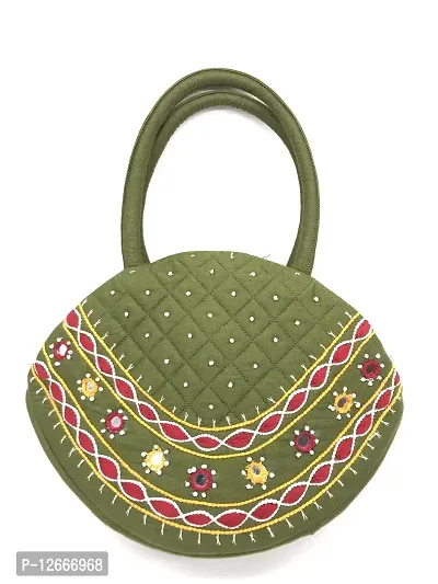 srishopify handicrafts Women Handbag Banjara Traditional Pot Bag Hand Purse Cotton handmade Top handle bag Mehandi (olive green bags)-thumb0