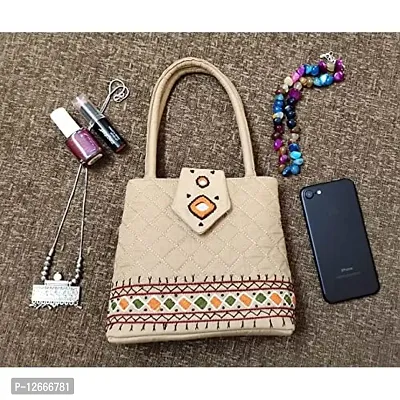 srishopify handicrafts MINI Hand Carry Bags for Women Stylish Banjara Handmade Rajasthani Traditional Small Handle Bag Purse 8.5x.7x2.5 Inch | Beads Thread Work Pouch Tan Beige-thumb4
