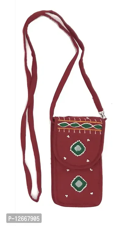 SriShopify Handicrafted Women's Small Cross Body Phone Bag Stylish Cotton Handmade Embroidery Mobile Cell Phone Holder Pocket Purse Wallet Sling Bag Mini Shoulder Bags Navratri Gifts Kanya Maroon