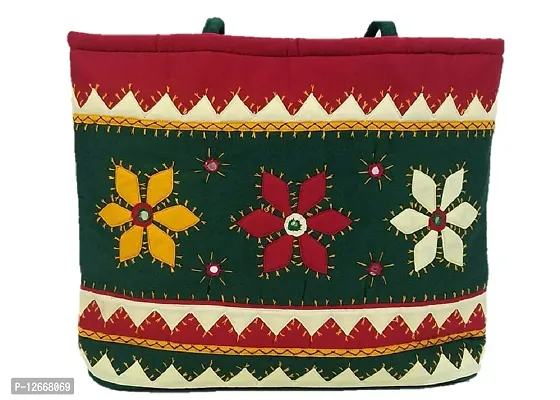 SriShopify Womenrsquo;s Handbag Banjara Traditional Shoulder bag Tote bag Cotton handmade (Big size, Mirror and Beads thread Work, Main Green and Red)-thumb2