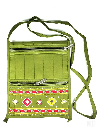 SriShopify Handicrafts Women Sling Bags Stylish, Handmade crossbody bag for girls (Medium, Beads, Thread and Mirror Work 13 inch Rajasthani sling bags, Mehandi Green)