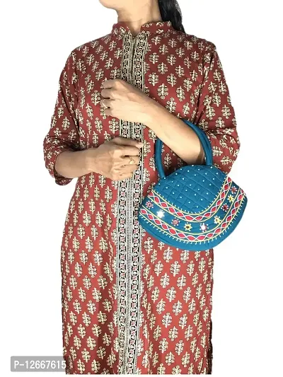 SriShopify Mini Women?s Handbag Vintage Banjara Traditional Pot Bag Hand Purse Cotton handmade (Small 6.5x9.5 Inch Mirror Beads and Thread Work Handcraft Pouch Rama Green)-thumb2