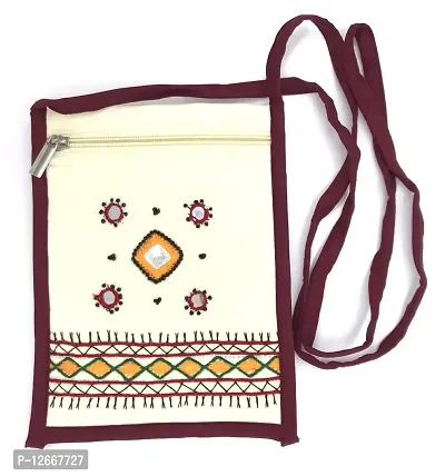 srishopify handicrafts Fabric Jaipuri Embroidered/Needle craft Women's Sling Bag/Mobile Bag Medium crossbody bag Original Mirro Work handmade (White)-thumb0