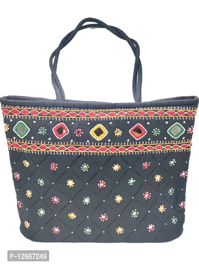 SriShopify Handicrafts Banjara hand stitched Beads Mirror work Handbag for Women| Travel handbag | Zipper Tote Bag | ladies shoulder bags | Shopping Hand bag Medium (Black handbags)