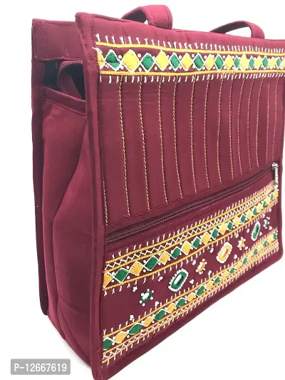 SriShopify Handcrafted Quilted Tote Shoulder Bag with Top Zipper, Inner Pocket Traditional Ethnic Stylish Premium handbags for Girls (big size handbag 12x13x5 inch Mirror Work) Marron bag-thumb4