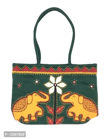 SriShopify Handcrafted Aplic Mirror work embroidery handbags for women | Zipper Tote Bag for Grocery, Travel | ladies shoulder bags | Shopping Handbag Elephant design hand bags