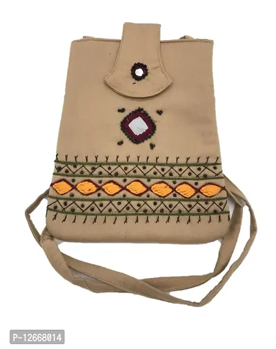 srishopify handicrafts Banjara Style Handmade Thread Work Beaded Sling Bag For Women | Crossbody Long Strap Purse Girls | Handmade Natural Hanging Wallet Ladies | Multicolour Beige-thumb0