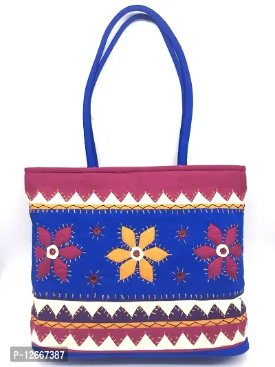 SriShopify Handicrafts Women's Handbag Tote Shoulder Bags | rakshabandhan gifts for sister |Cotton handmade bag with Zip feroza blue (30x40x10 cm original Mirror Work applique work Stylish)-thumb0