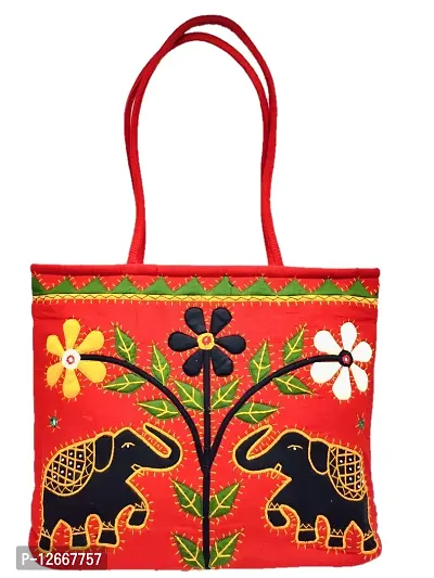 SriShopify Handcrafted Banjara embroidered handbags Aplic Mirror work Handbag for Women | Travel handmade handbag | Zipper Tote Bag ladies shoulder bags Medium | Shopping Handbag Red Tote bags-thumb0