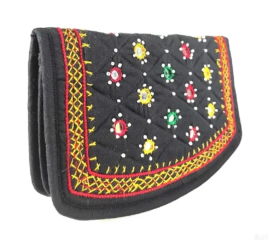 SriShopify Handicrafts Women?s bridal clutches for wedding, Traditional Hand Purse, handmade ladies wallet (Medium 8.5 Inch, Black, Mirror, Beads and Thread Work Handcraft)