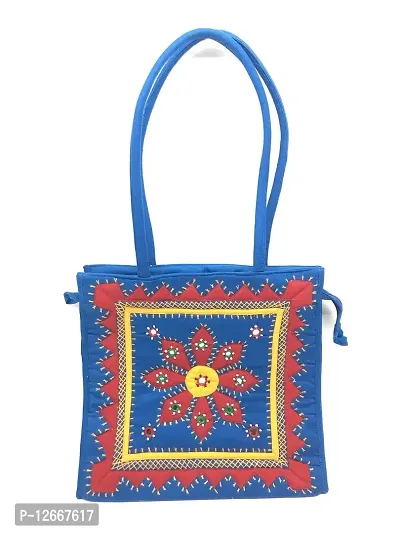 SriShopify Handicrafts applique patch work handbags Multipurpose hand bag for women Reusable Cotton Grocery Shopping Tote Bags Medium Size 25 x 25 x 9 CM Blue  Red