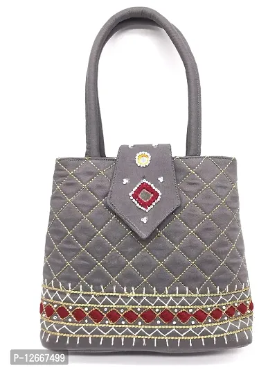 srishopify handicrafts Handheld Mini Bags for Women Handmade Banjara Embroidered Small Handle Purse Girls New Year Pongal Makar Sankranti Gifts | 7.5 Inch | Grey Silver Color