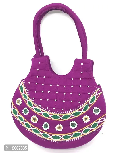 srishopify handicrafts Handmade Small Handle Purse for Ladies Bridal Wedding Hand Bags Girls  Womens (MINI Size 8x8x2.5 Inch Rajasthani Original Mirror Work Brinjal Colour)