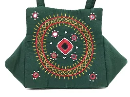 srishopify handicrafts Small Traditional Arts And Crafts mirror work hobo hand bag for women- Green Color (9x7x3 Inch Original needle craft Thread Work)-thumb1