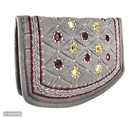 srishopify handicrafts Women?s Hand purse Banjara Traditional Clutches with phone pocket, Cotton handmade Hand Purse ladies wallet (Medium 8.5 Inch, Gray, Mirror, Beads and Thread Work Handcraft)-thumb0