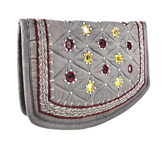 srishopify handicrafts Women?s Hand purse Banjara Traditional Clutches with phone pocket, handmade Hand Purse ladies wallet (Medium 8.5 Inch, Gray, Mirror, Beads and Thread Work Handcraft)